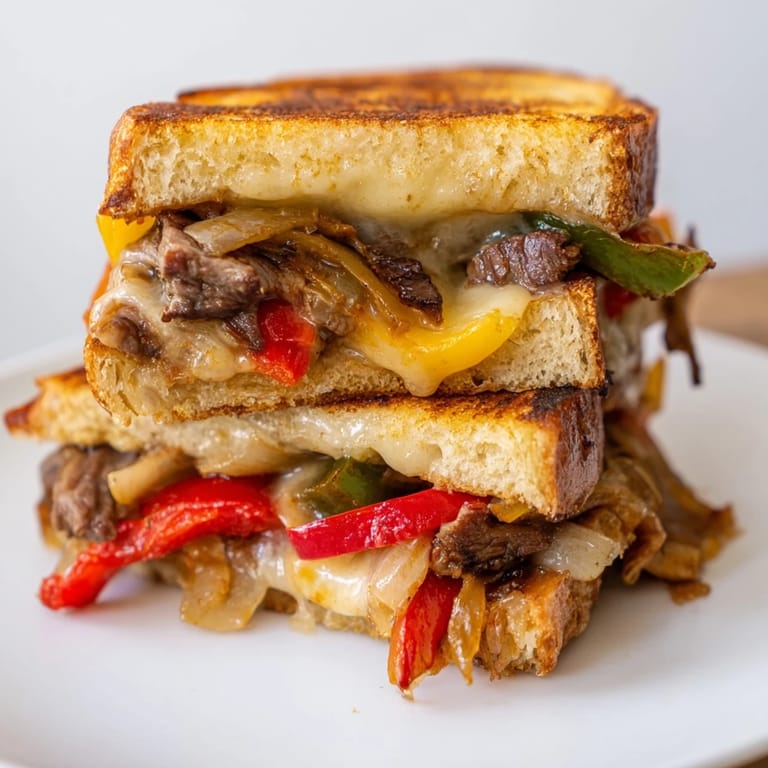 A close-up of a crispy, golden-brown Philly Cheesesteak Grilled Cheese sandwich, revealing a generous layer of juicy steak, colorful bell peppers, and gooey provolone inside.