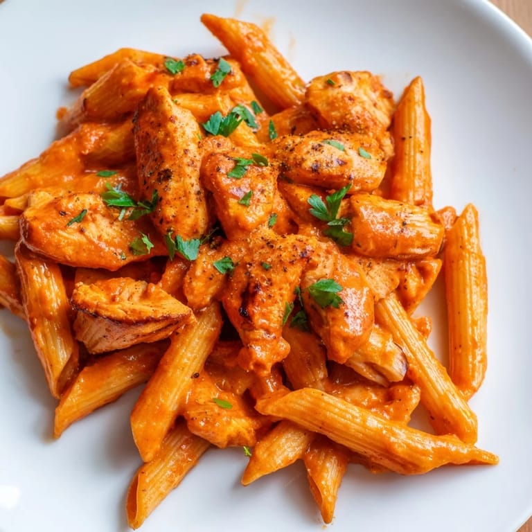 Plated chicken tikka pasta with a vibrant red sauce and fresh cilantro, perfect for a family dinner.