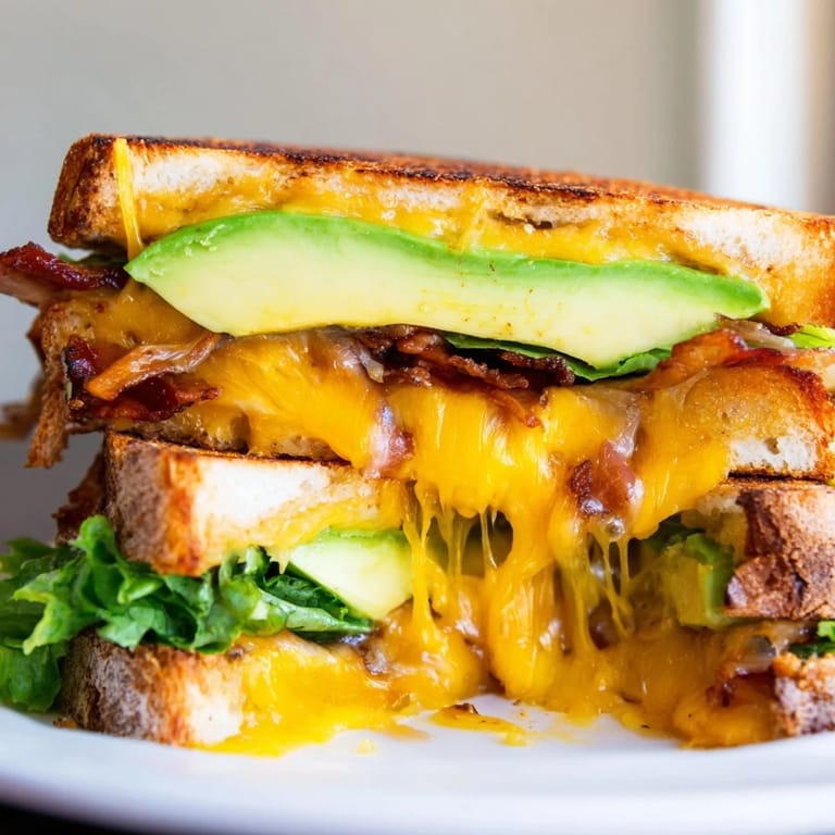 Avocado BLT Grilled Cheese with crispy bacon, fresh lettuce and tomato, and gooey melted cheese served on buttery sourdough.
