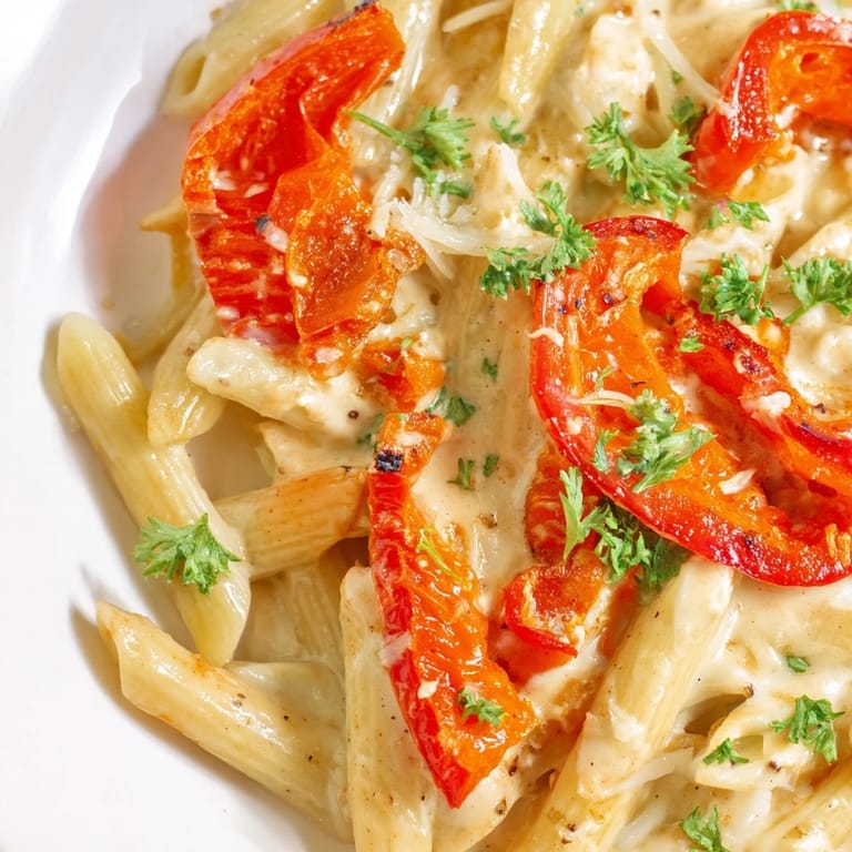 A close-up of Creamy Cajun Pasta showcasing colorful roasted peppers and a light steam.