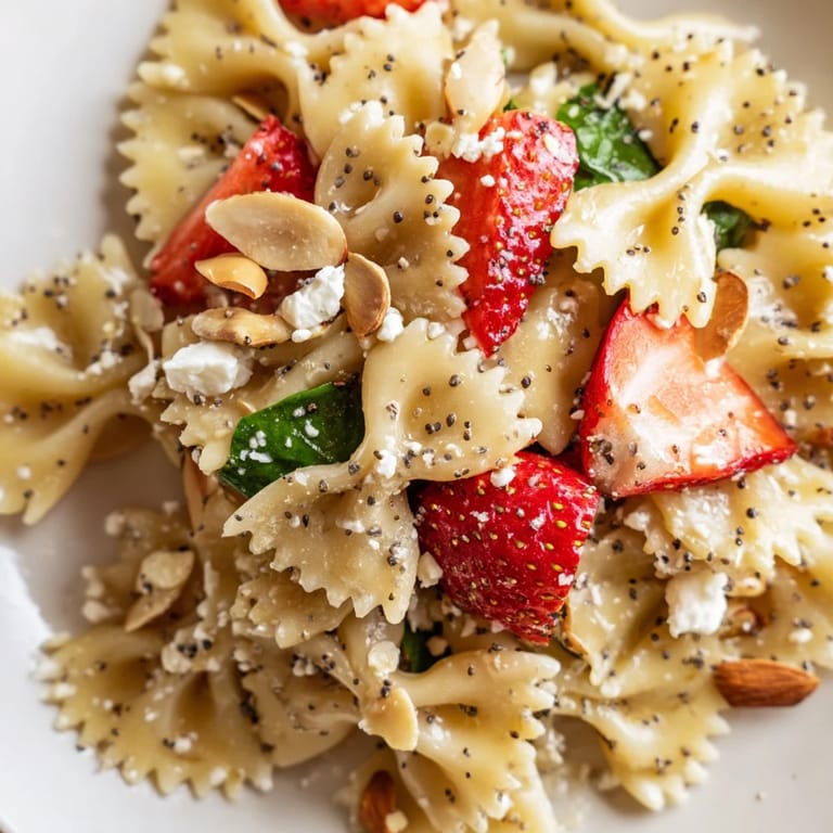 Tender farfalle pasta mixed with baby spinach, juicy strawberries, and a tangy poppy seed dressing, showcasing a colorful and refreshing summer meal.