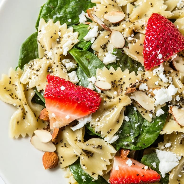 A vibrant bowl of Spring Spinach Strawberry Pasta Salad with feta, toasted almonds, and herbs, perfect for a sunny picnic or potluck.