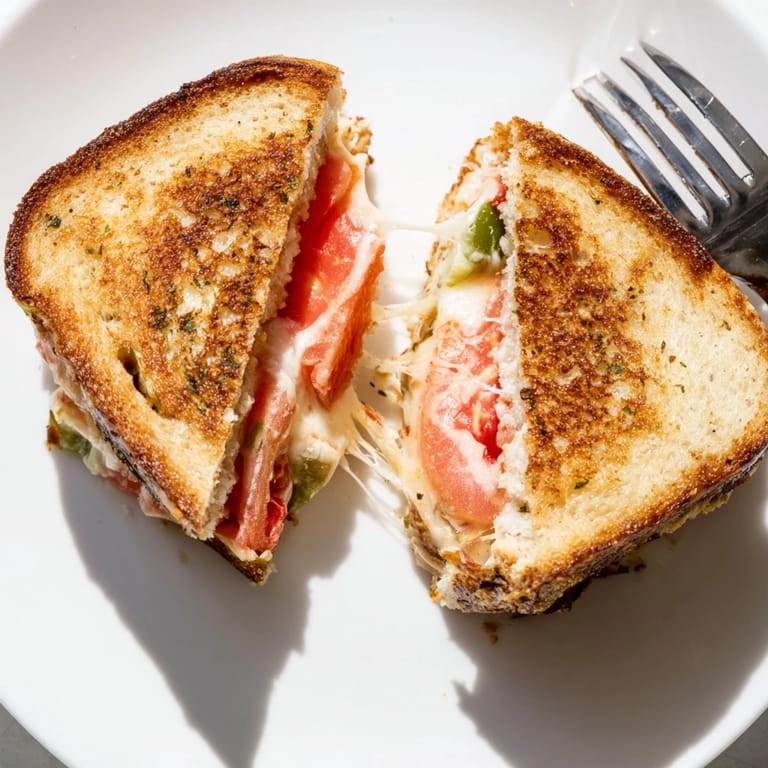 This homemade American grilled cheese features spicy pepper jack, juicy tomatoes, and jalapeño bread, served hot with a side of soup.