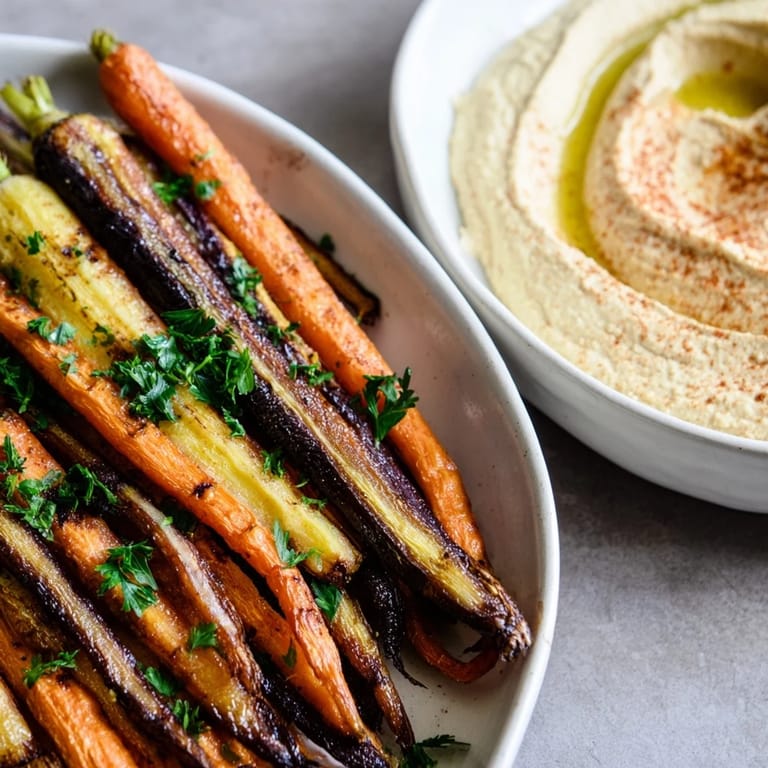 Colorful roasted rainbow carrots arranged over creamy hummus, perfect for a vegan snack platter at a Mediterranean-style gathering.