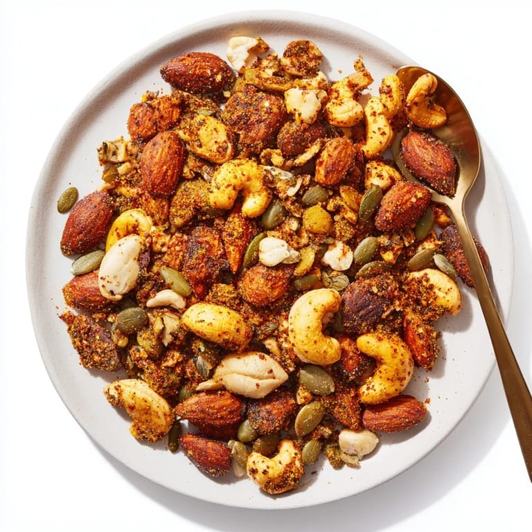 A close-up view of Spiced Nuts and Seeds Mix reveals perfectly roasted pepitas and sunflower seeds, lightly dusted with fragrant cinnamon and smoked paprika.