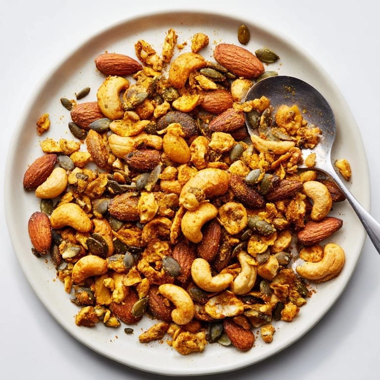 Homemade Spiced Nuts and Seeds Mix arranged in a rustic glass jar, showcasing a crunchy, nutrient-dense snack ideal for topping salads or enjoying as a healthy treat.
