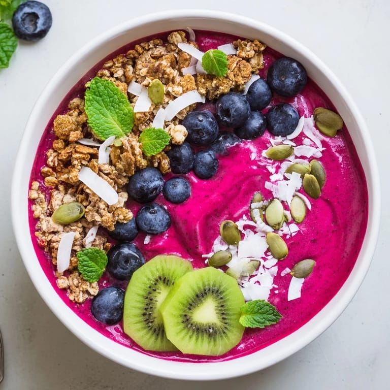 Colorful Beet and Berry Smoothie Bowl with fresh berries and mint in a ceramic bowl.