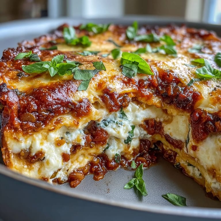 Smoky vegetable bolognese and ricotta folded into no-boil noodles for an easy One-Pan Smoky Veggie Lentil Lasagne.