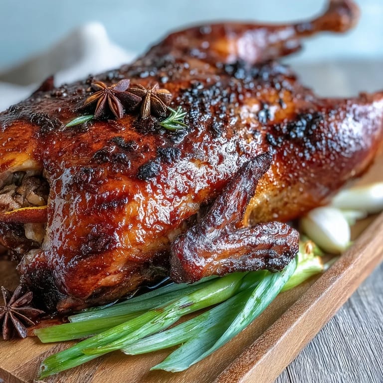 A close-up of juicy Five-Spice Roast Ducks showing tender meat, showcasing the rich mahogany glaze and five-spice crust.