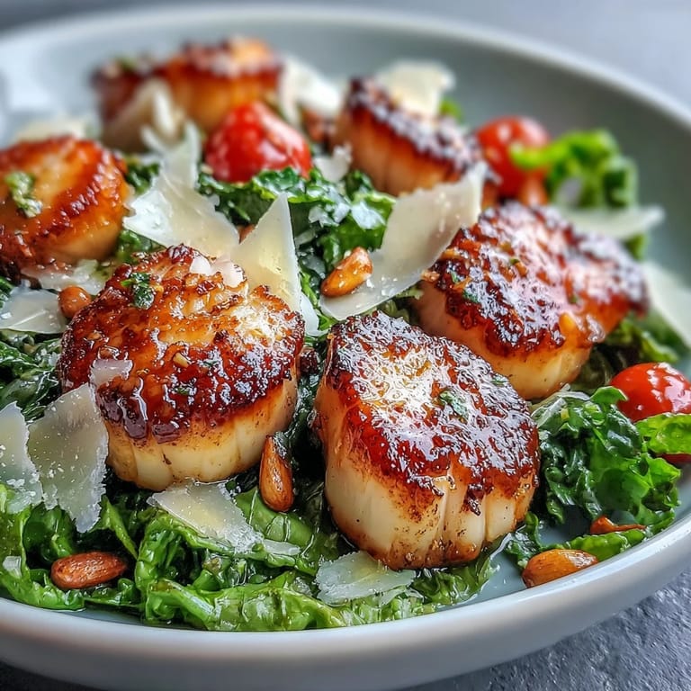 A drizzle of vibrant pesto vinaigrette coats the crisp greens beside perfectly browned scallops.