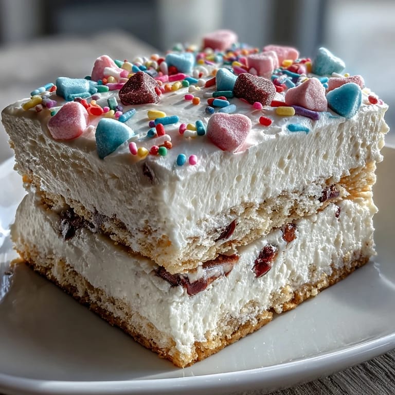 Candy Hearts Fake Cake is decorated with pastel hearts and rainbow sprinkles, served chilled on a white plate.