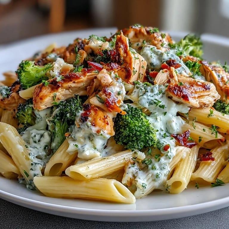 Spoonful of garlicky, lemony High Protein Rotisserie Chicken Broccoli Pasta, showcasing bright greens and juicy chicken in silky sauce.