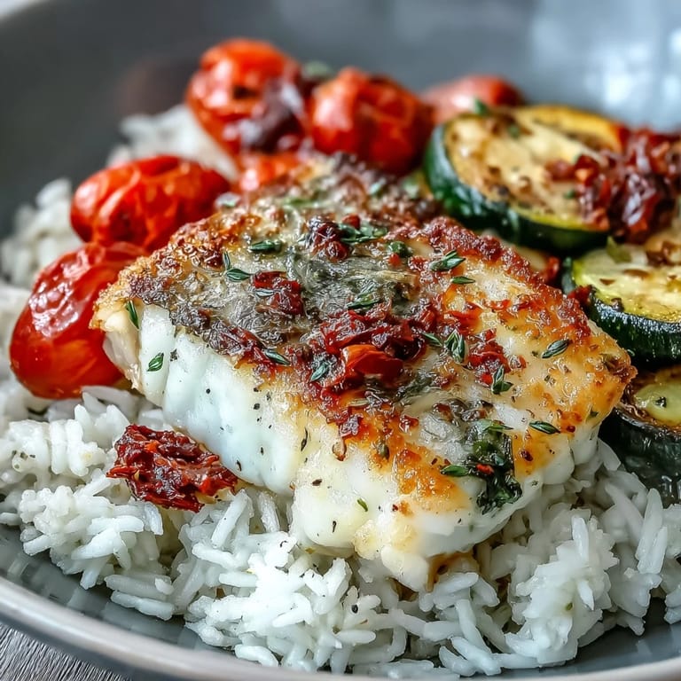 Savory Pan-Seared Fish Bowl featuring tender fish with a crisp edge, caramelized red onions, and fresh parsley garnish, paired with aromatic basmati rice and lemon butter sauce.