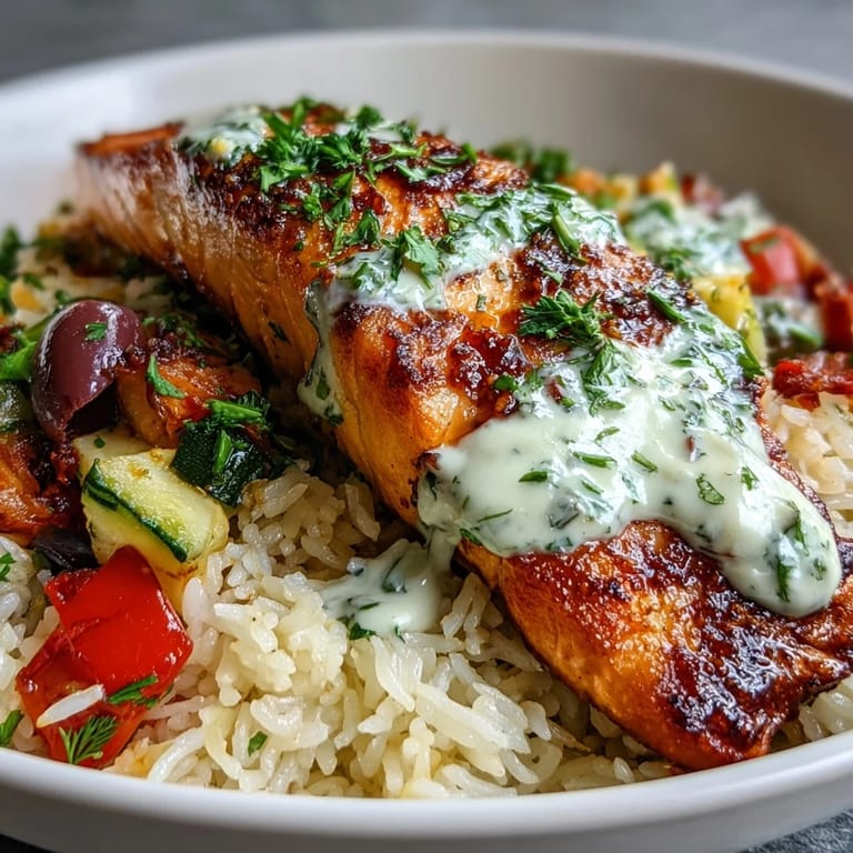 Golden crispy rice layered with tender salmon and colorful Mediterranean veggies, finished with a zesty lemon-yogurt drizzle and fresh herbs.