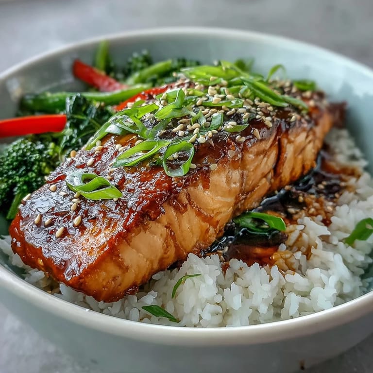 Served in a white bowl with sesame seeds and green onions, this Teriyaki Salmon Bowl looks delicious and homemade.