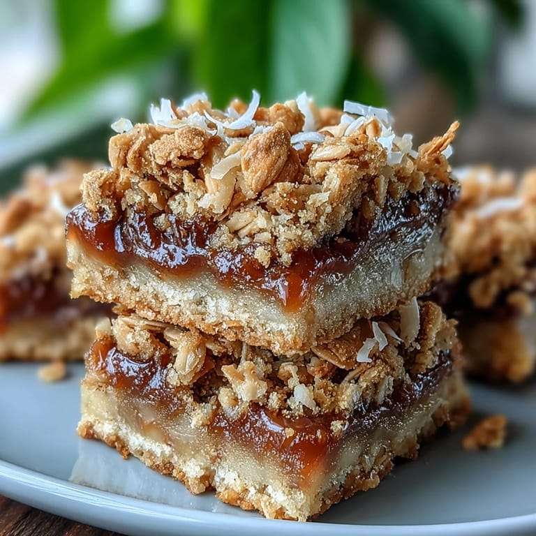 Cut squares of Guava Jam Bars showing sticky guava jam layer and toasted coconut crumble.