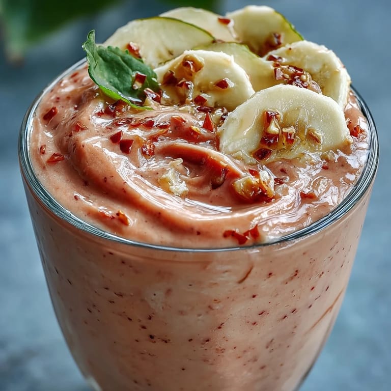 Overhead view of Guava Banana Smoothie ingredients like ripe guava, banana, and milk next to the finished blender drink.