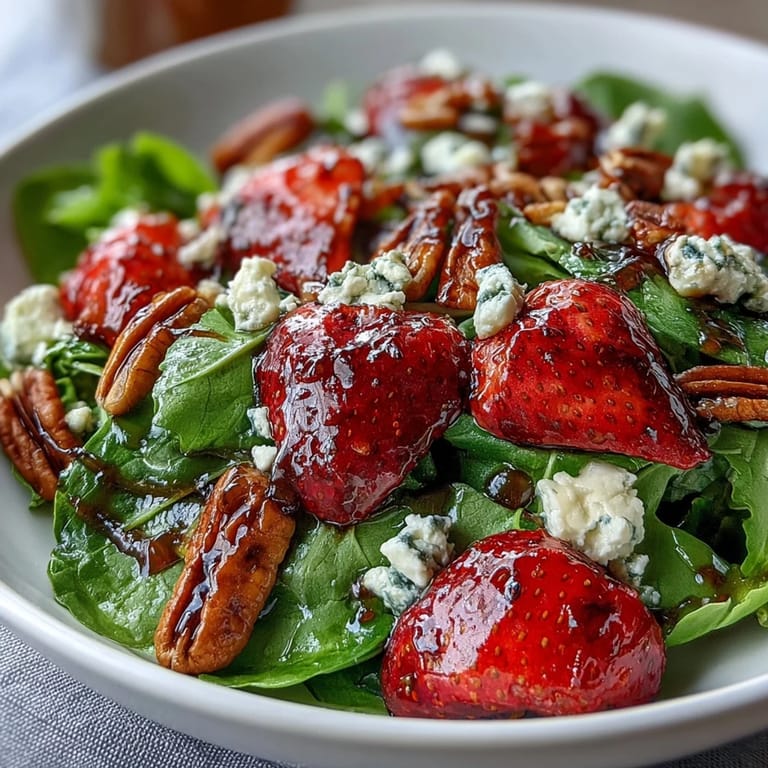 Vibrant arugula and strawberry salad topped with tangy balsamic glaze and crunchy toasted pecans.  