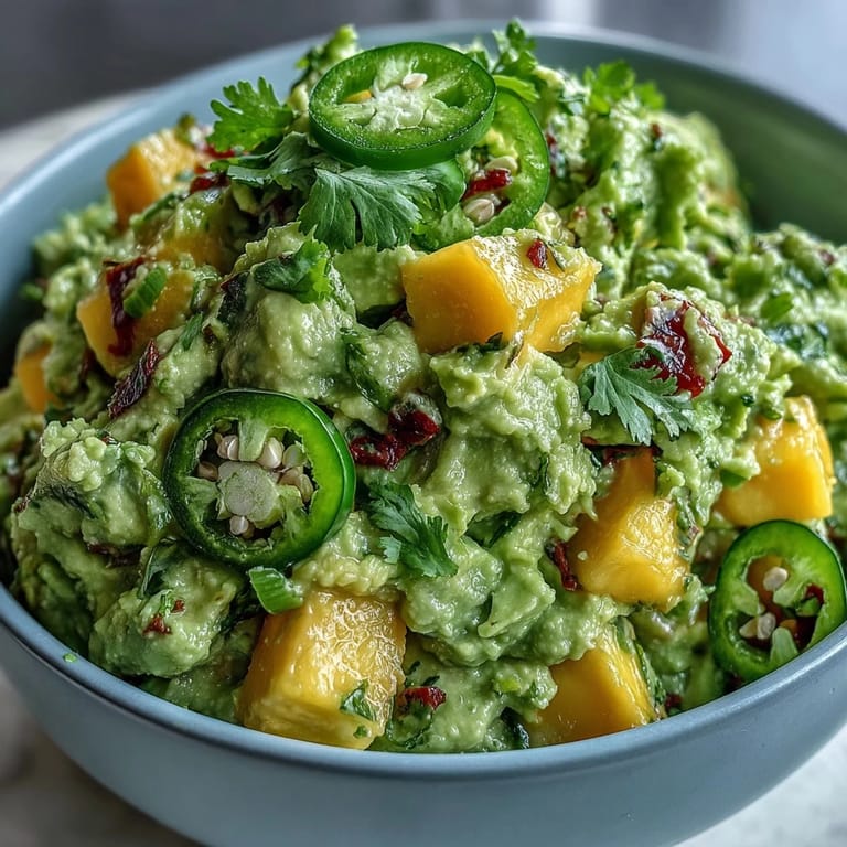 Creamy avocado dip mixed with juicy mango and fresh jalapeño, served with crispy tortilla chips for a zesty appetizer.