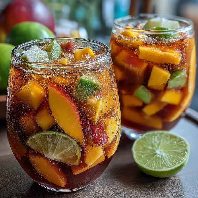 Chilled glass of mango peach sangria garnished with mint, showcasing juicy fruit and a festive, alcohol-free beverage.