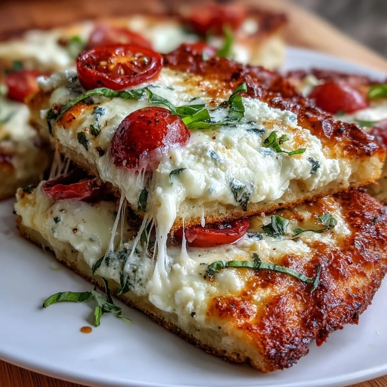 High-protein cottage cheese flatbread pizza topped with savory sauce, gooey cheese, and colorful vegetables for a healthy twist on classic comfort food.