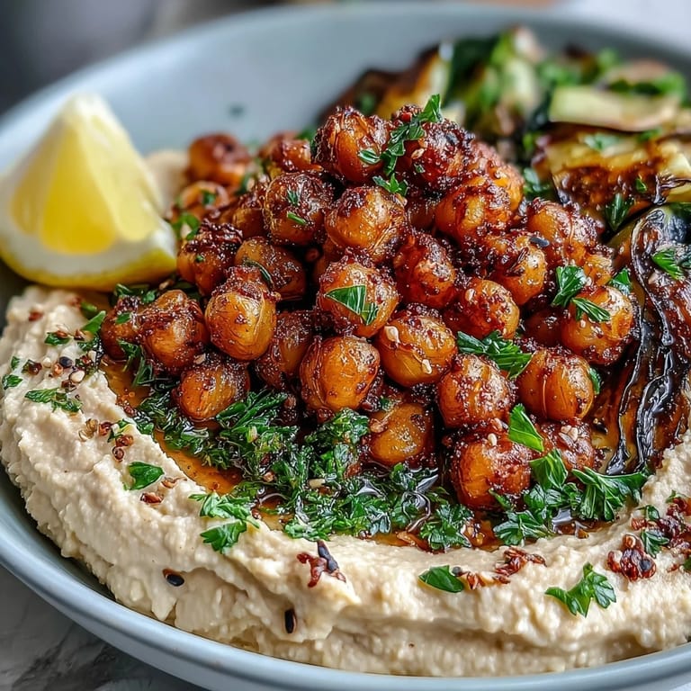 A hearty vegan bowl of crispy chickpeas, smoky grilled peppers, and zesty hummus, garnished with parsley and sesame seeds.  