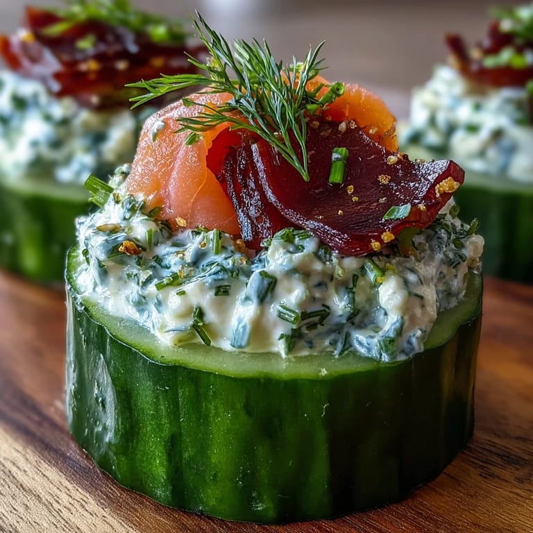 Bite-sized cucumber appetizers with smooth cream cheese, fresh dill, and savory smoked salmon, offering a refreshing, low-carb party snack.