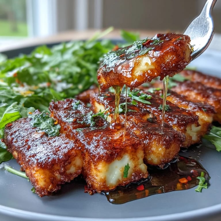 Warm halloumi with chili-honey drizzle, balanced by fresh arugula and a squeeze of lemon, perfect for a quick vegetarian meal.