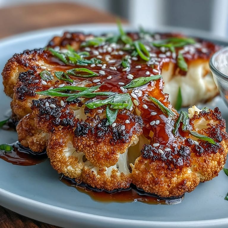 Oven-roasted cauliflower steaks drizzled with rich teriyaki sauce, ideal for a hearty plant-based dinner or healthy lunch.