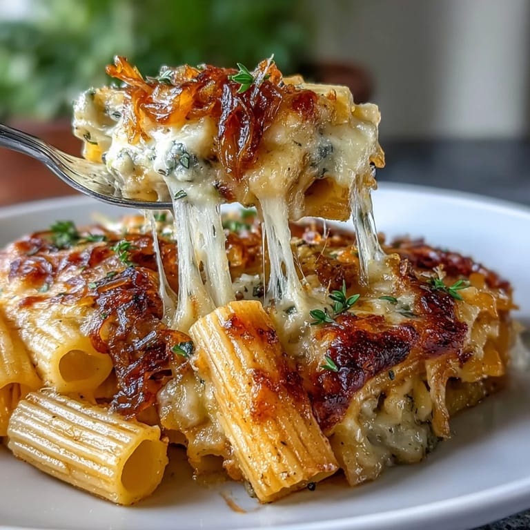 Creamy baked pasta layered with sweet caramelized onions and melted Gruyère cheese in a comforting French onion-inspired casserole.