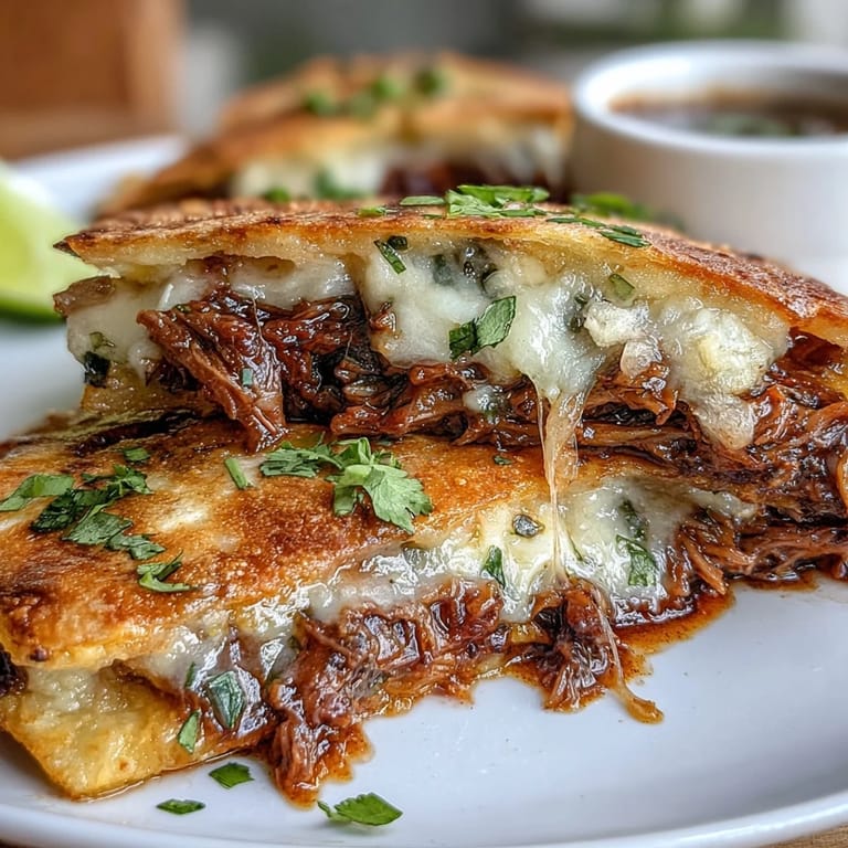 Crispy birria quesadillas with vibrant, savory consommé for dipping perfection.