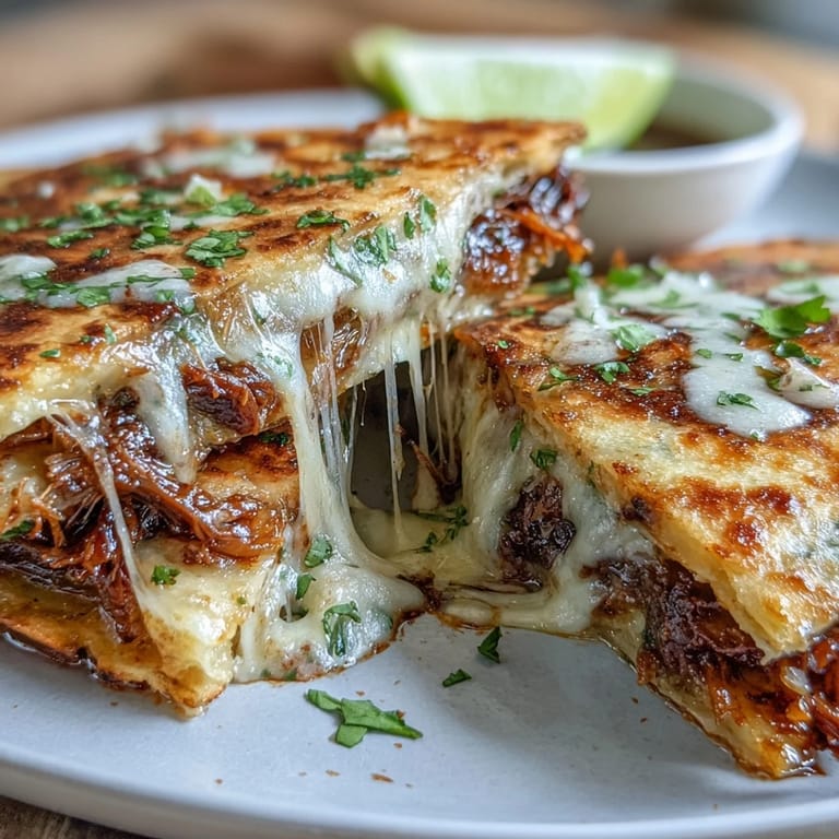 Golden-brown birria quesadillas, perfect for dipping in flavorful Mexican consommé.
