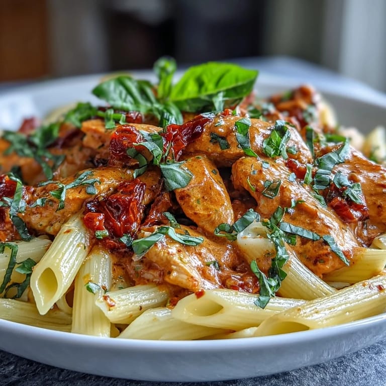 Hearty Creamy Tomato Basil Chicken Pasta topped with fresh basil, ready to serve.