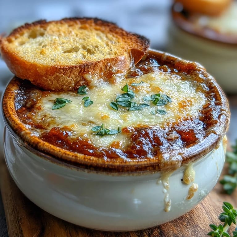 Hearty French onion tomato soup, golden cheese topping, a cozy delight.