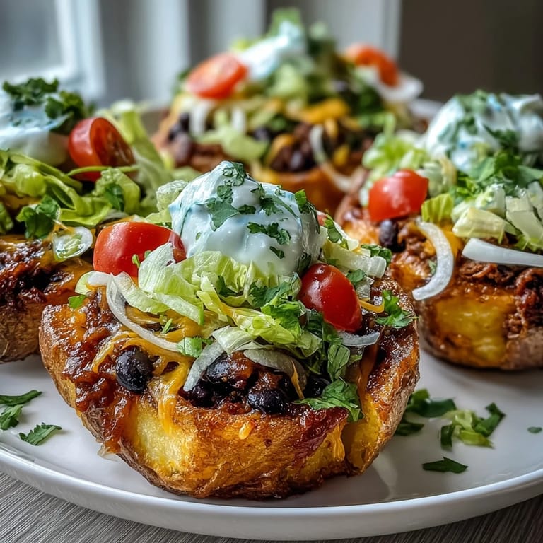 Loaded crispy potato taco bowls featuring seasoned beans and vibrant, fresh garnishes.