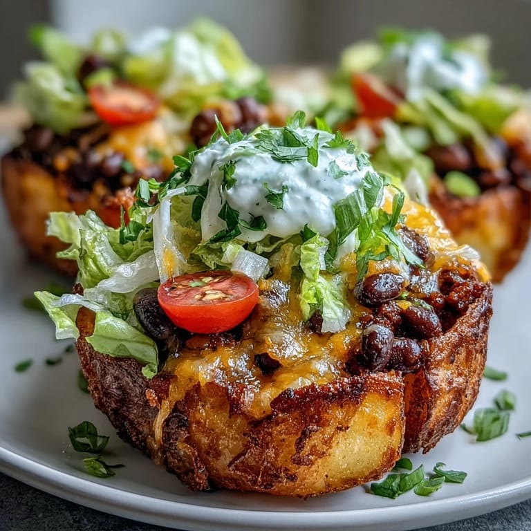 Golden crispy potato taco bowls stuffed generously with savory bean mixture.