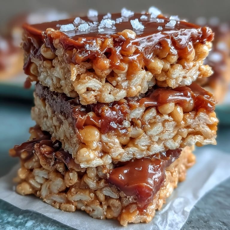 Rich salted caramel pumpkin Rice Krispie treats, perfectly sweet and sticky square dessert.