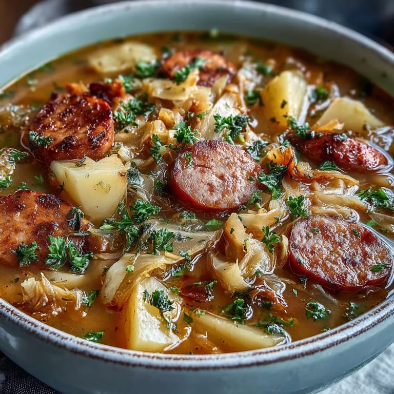 Comforting Cabbage and Sausage Potato Soup, a delicious meal perfect for a cold evening.
