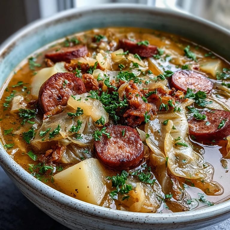 Creamy Cabbage and Sausage Potato Soup, showing tender vegetables and savory sausage chunks.