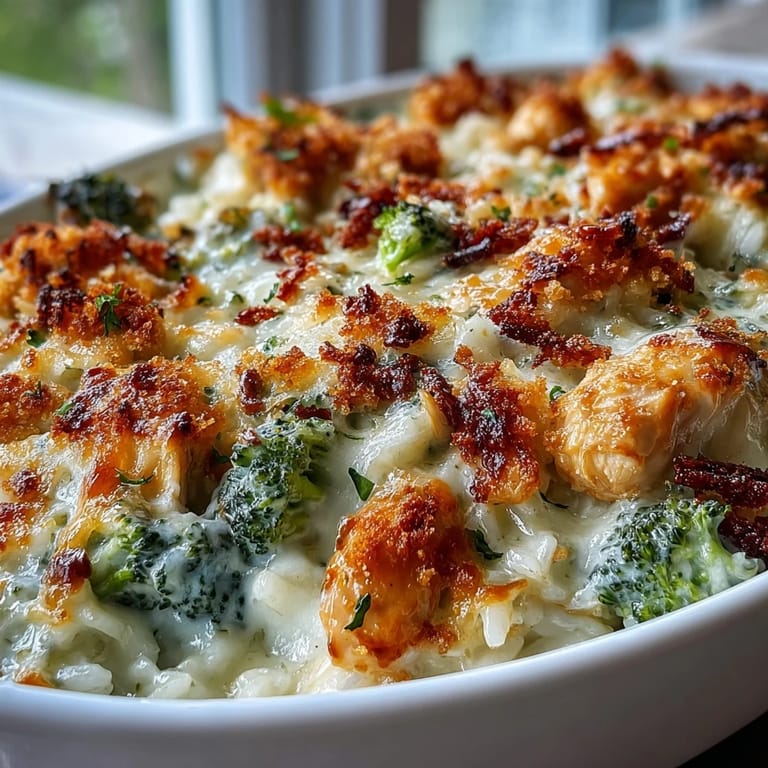 Savory Creamy Chicken Broccoli Cheddar Rice Bake, a cheesy casserole perfect for dinner.