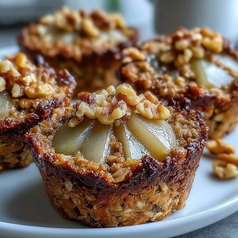 Sweet Pear Vanilla Baked Oatmeal Cups, featuring tender fruit and a delightful aroma.