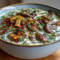 Creamy Mushroom Stroganoff Soup steaming in a rustic bowl with fresh parsley garnish.