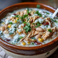 Creamy White Chicken Chili in a rustic bowl topped with fresh cilantro and shredded cheese.