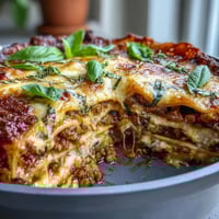 One-Pan Smoky Veggie Lentil Lasagne layered with bubbly mozzarella and fresh basil, served hot from the oven.