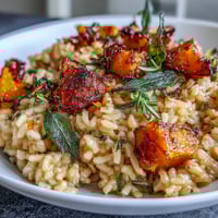 Creamy Vegan Pumpkin Risotto topped with crispy sage leaves served in a rustic white bowl.