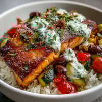 Pan-seared salmon sits atop golden crispy rice, drizzled with lemon-yogurt sauce and topped with Mediterranean vegetables in this vibrant bowl.