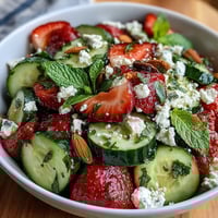 Crisp cucumber and strawberry salad with fresh mint, perfect for spring meals and light lunches.