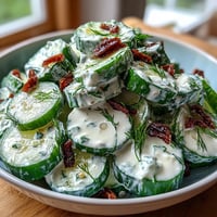 Creamy cucumber salad with dill and Greek yogurt in a white bowl, garnished with fresh dill sprigs, served as a refreshing summer side dish.