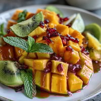 A vibrant display of ripe mangoes, pineapples, and tropical fruits arranged for a party-ready fruit platter.