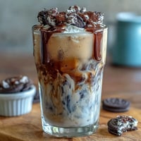 Creamy cookies and cream cold brew with chocolate sandwich cookies swirled in rich coffee and milk blend.